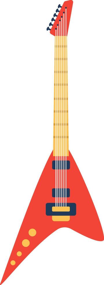 Red electric guitar with wooden neck and six strings standing upright on a plain white background, representing music, rock and roll, and entertainment concepts vector