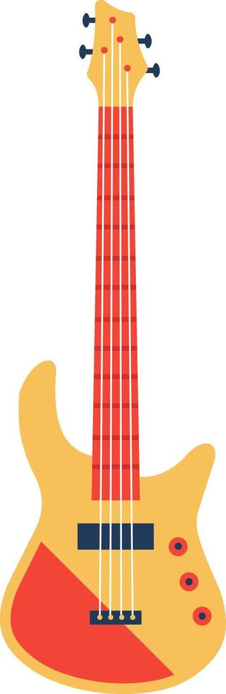Electric bass guitar with red fingerboard and yellow body standing vertically on white background, musical instrument with strings and tuning pegs vector