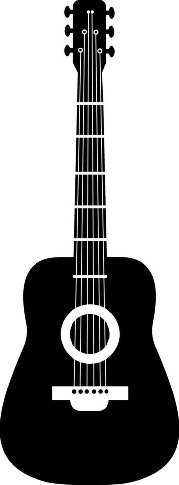 Silhouette of an acoustic guitar with tuning pegs, fretboard, sound hole, bridge, and strings, creating a striking contrast against a white background, ideal for music related designs vector