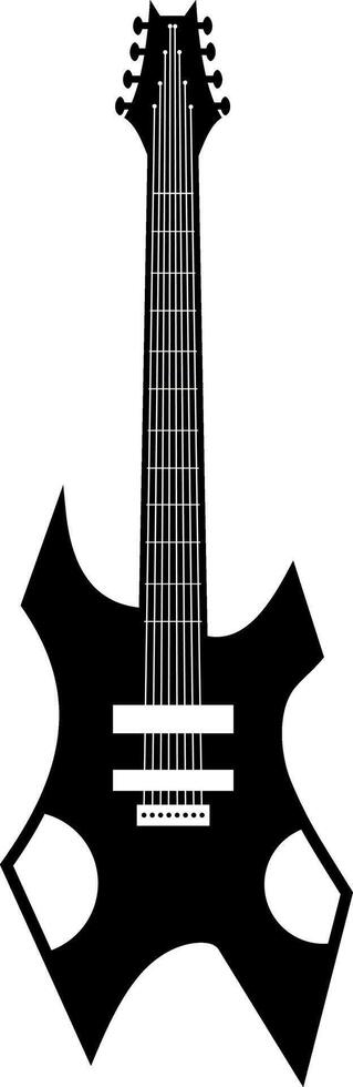 Silhouetting a seven string electric guitar with a unique body shape, creating a bold visual impact ideal for music related projects and artistic expressions in various genres vector