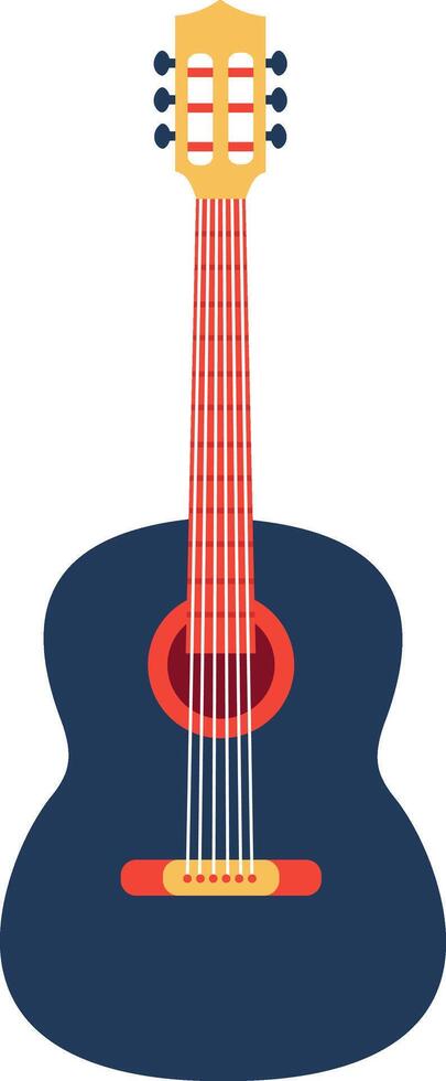 Colorful illustration of a blue acoustic guitar with red fretboard, sound hole and bridge standing vertically against a white background, music instrument concept vector
