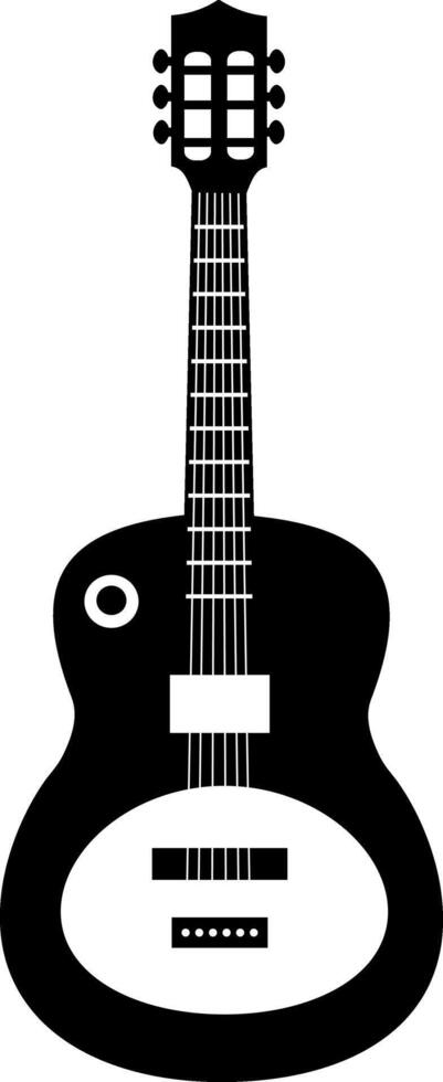 Vertical monochrome silhouette of an electric guitar showing the neck, body, fretboard, tuning pegs, and pickups, creating a striking visual representation of a musical instrument vector