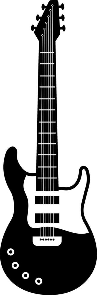 Black and white silhouette of an electric guitar featuring clearly defined strings, tuning pegs, and body contours, ideal for music related designs vector