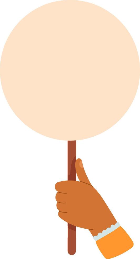 Hand holding a blank round sign on a stick, perfect for showcasing custom messages or designs, offering ample space for creative expression and communication vector