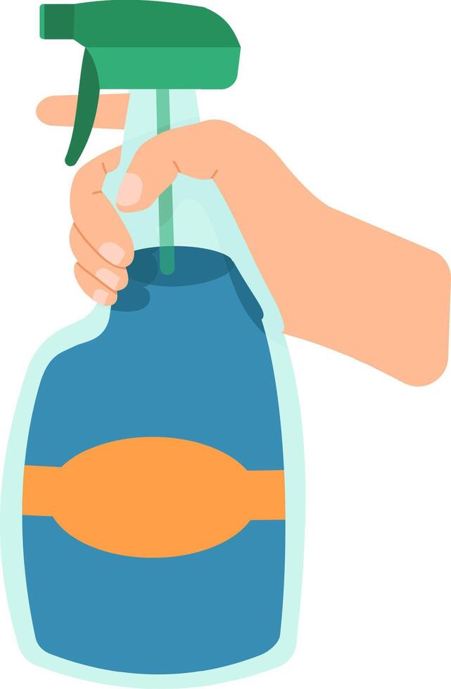Hand holding a blue spray bottle featuring an orange label and a green trigger, indicating activities related to cleaning and disinfecting various surfaces for hygiene and sanitation vector