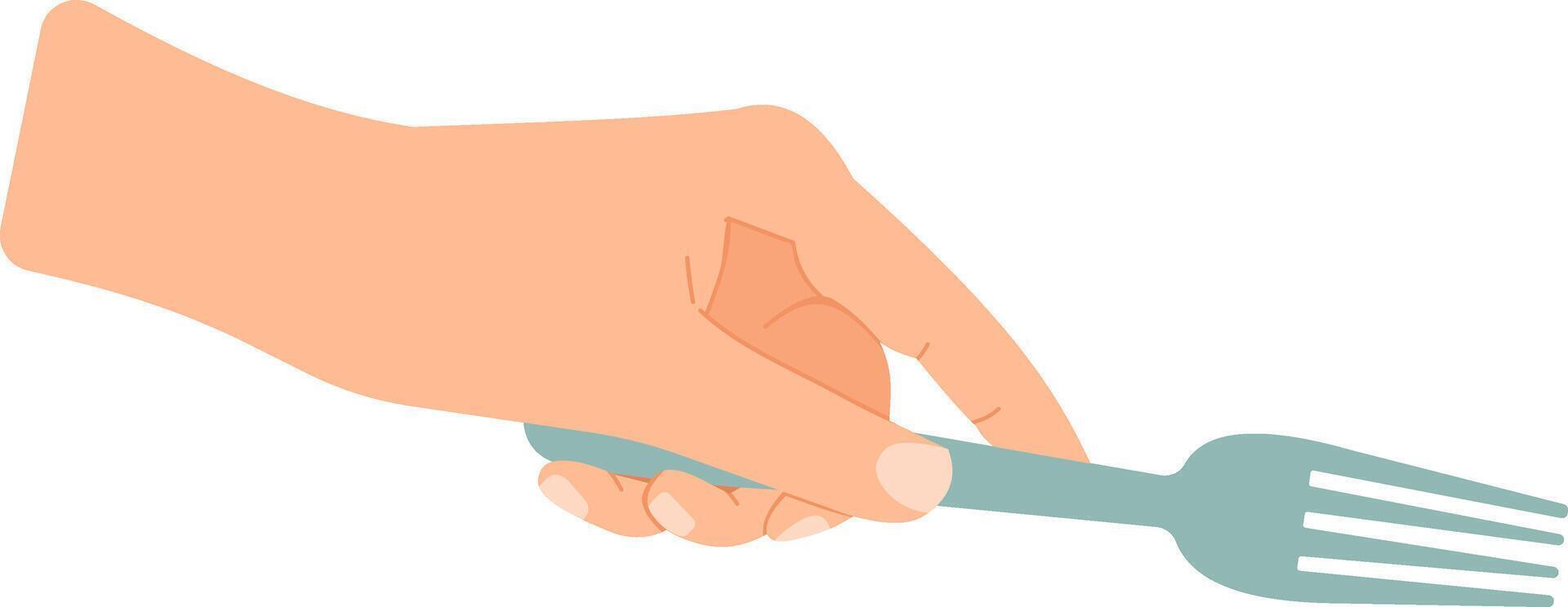 Right hand holding a light blue fork, ready to eat, side view isolated on white background, suitable for restaurant, diet or healthy food concepts vector