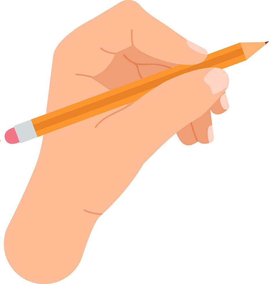 Cartoon hand gripping a short, sharpened pencil, poised for writing or drawing, set against a clean, white background, emphasizing creativity and artistic expression vector