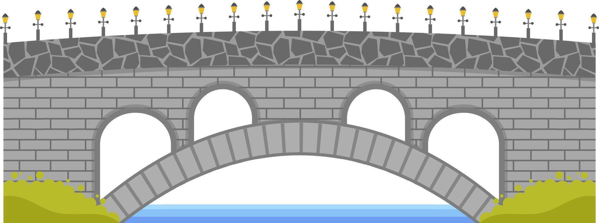 Old stone bridge with street lamps illuminating the roadway across the river. Connecting two banks with green grass. Isolated on white background. Representing urban infrastructure and transportation vector