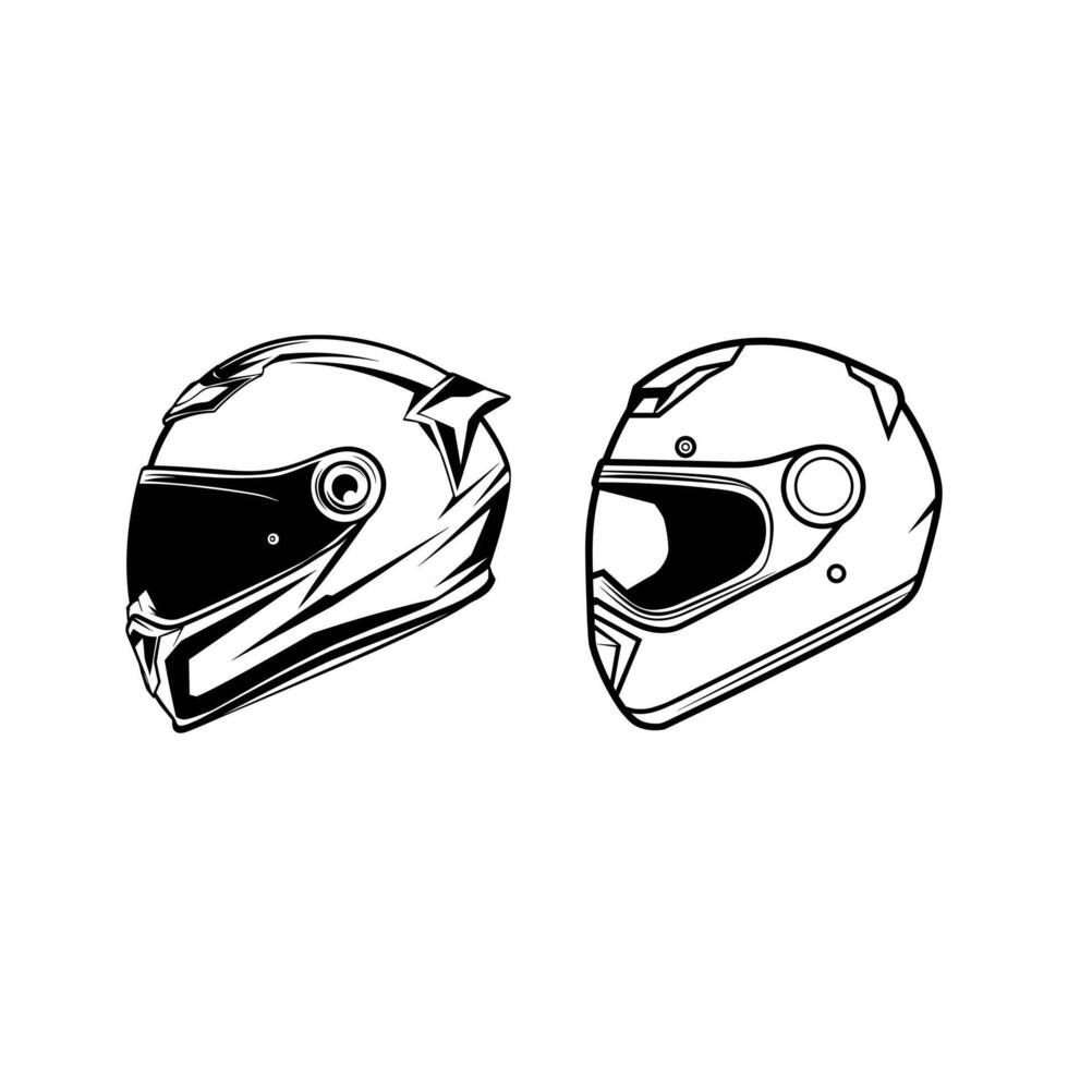 Two Distinct Black and White Outlines of Motorcycle Helmets with Visors from Different Angles vector