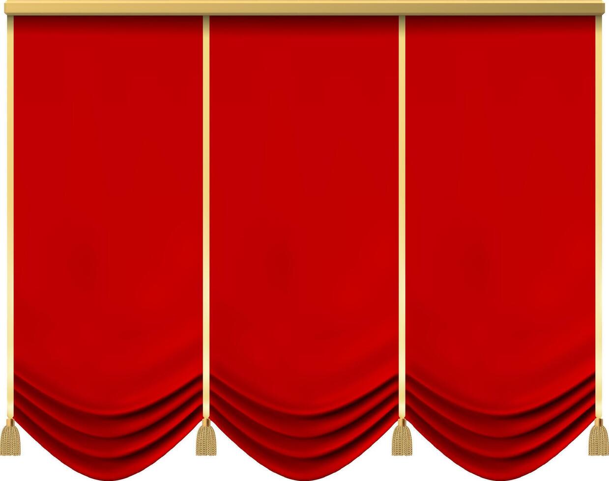 Elegant red stage curtains closing with golden tassels, creating a sense of anticipation and drama in a theatrical setting, perfect for entertainment and performance concepts vector