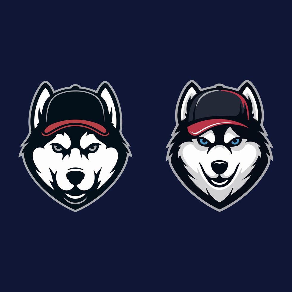 Two Distinct Husky Dog Heads Wearing Baseball Caps, One with Blue Eyes, for Sports or Mascot Branding vector