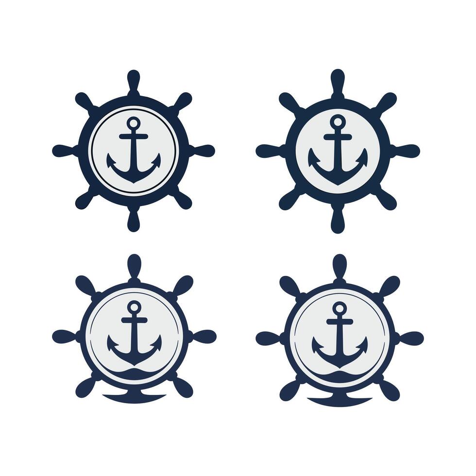 Four Variations of Nautical Ship Wheel and Anchor Emblems for Maritime Design vector
