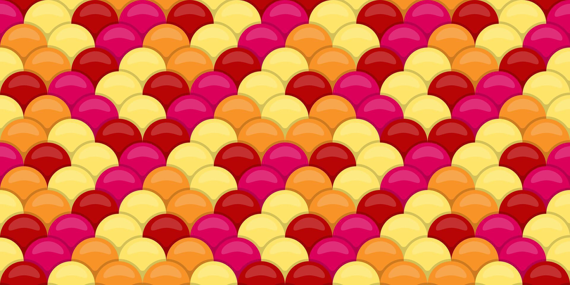 Vibrant, seamless pattern of overlapping, glossy scales in warm colors. Perfect for backgrounds, textiles, or playful designs. Evokes a sense of energy, joy, and summer. vector