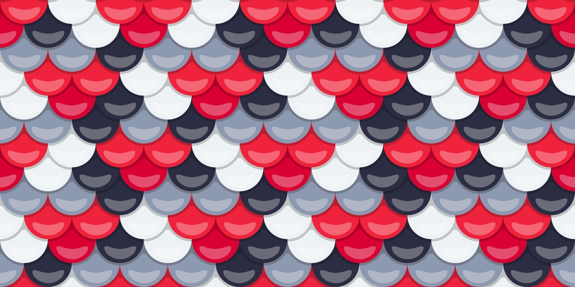 Abstract seamless pattern of overlapping scales in red, white, and gray. Perfect for backgrounds, textures, or decorative elements in design projects. Evokes a sense of elegance and subtle movement. vector