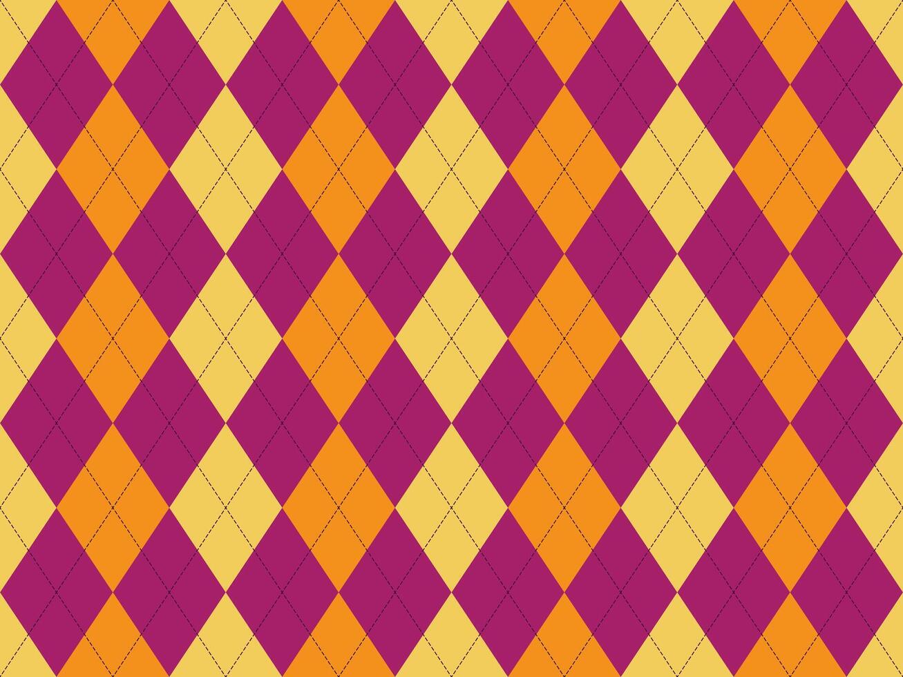 Vibrant argyle pattern in bold orange, purple, and yellow. Perfect for backgrounds, textiles, or website design. Geometric diamond shapes create a stylish, playful, and energetic visual. vector