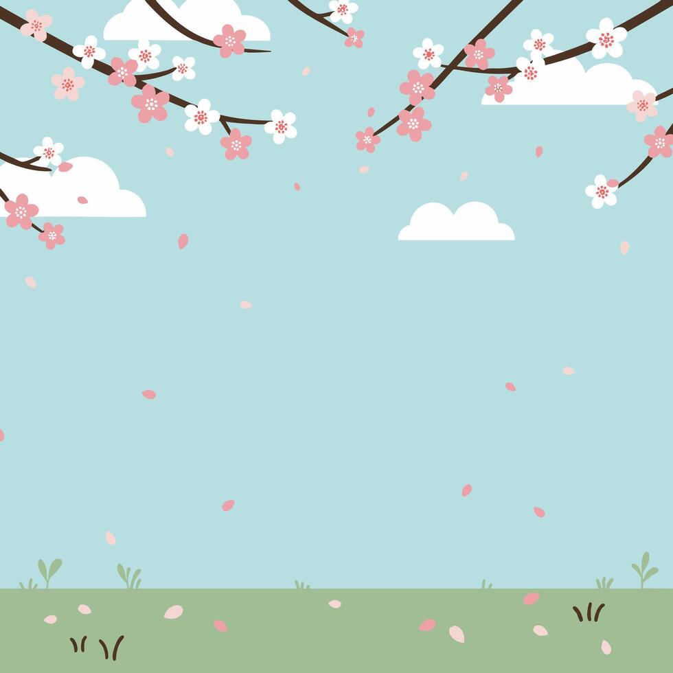 Stylized Cherry Blossom Branches with Falling Petals and Cloud Accents vector