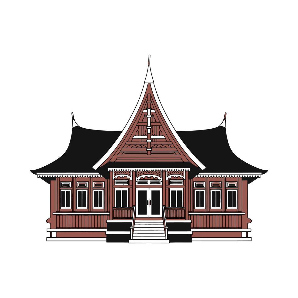 Detailed illustration of a traditional Minangkabau house with a distinctive roof vector