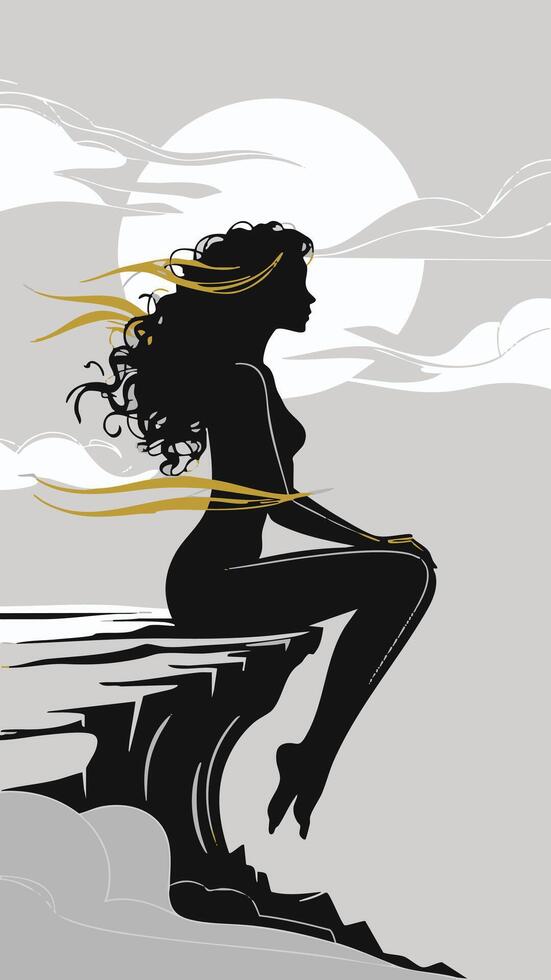 Silhouetted Woman Contemplating on a Clifftop at Dusk vector