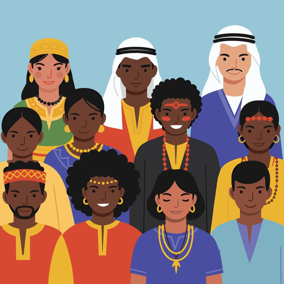 Diverse Group of People in Traditional Attire, Smiling Together, United. vector