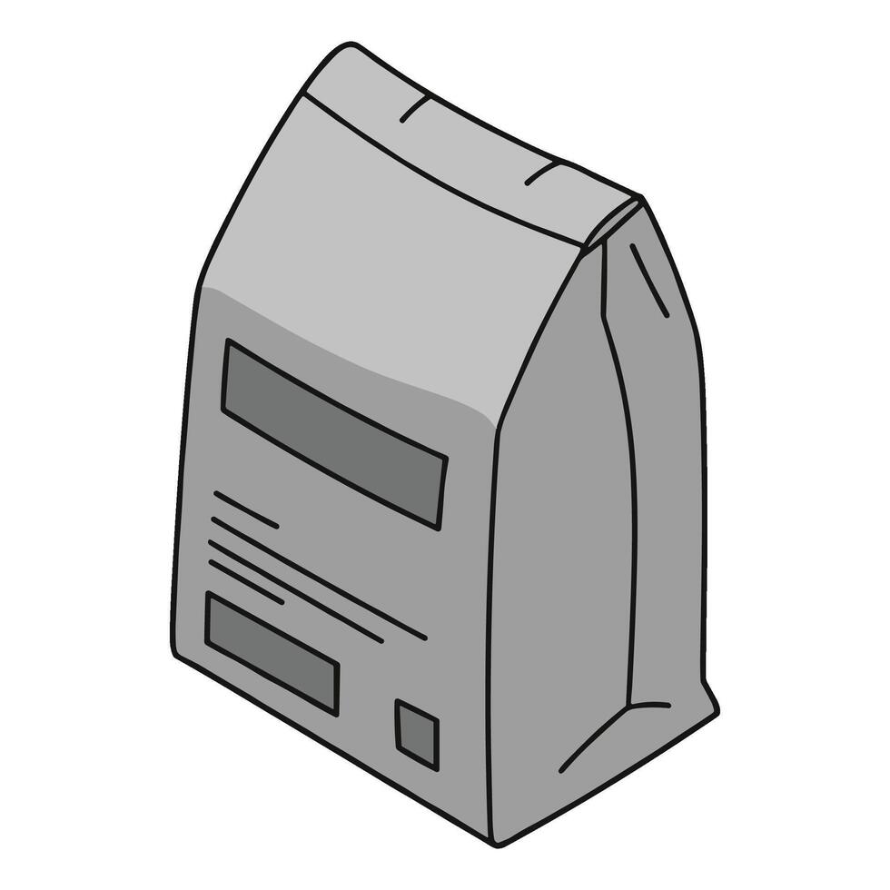 Isometric view of a grey paper bag with labels, perfect for packaging. vector