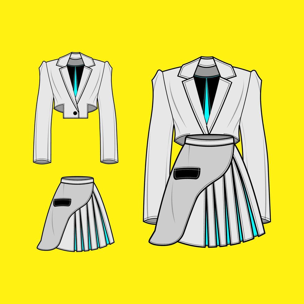 Stylish Cropped Blazer and Pleated Skirt Fashion Illustration vector