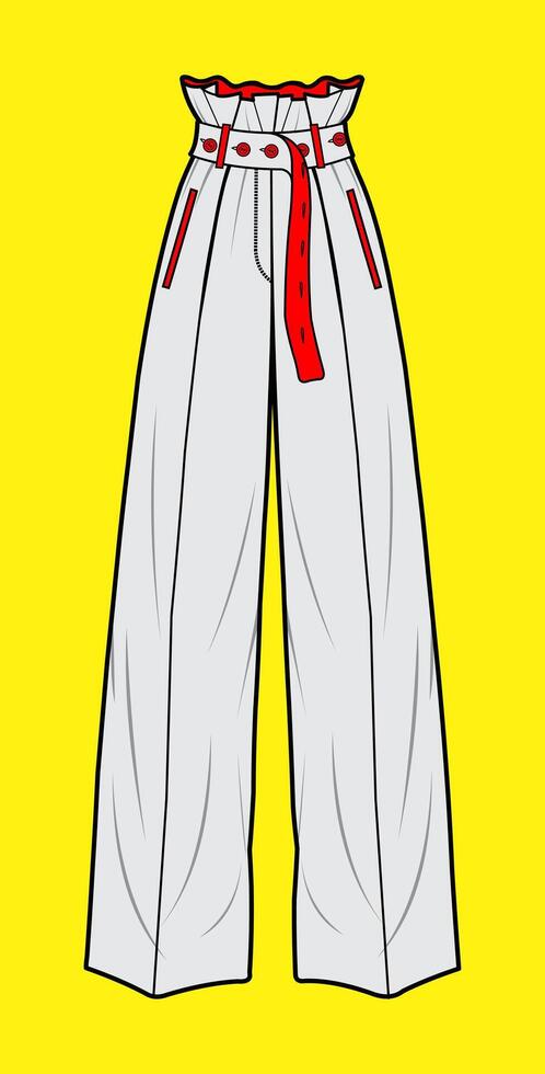 High Waist Wide-Leg Pants Fashion Illustration with Red Accents on Yellow Background vector