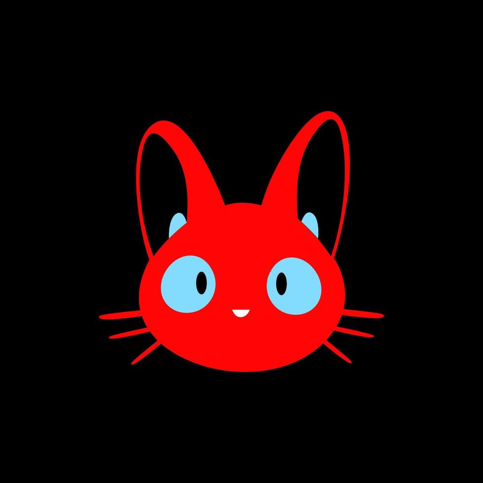 Cute Red Cartoon Cat Face with Blue Eyes on Black Background vector