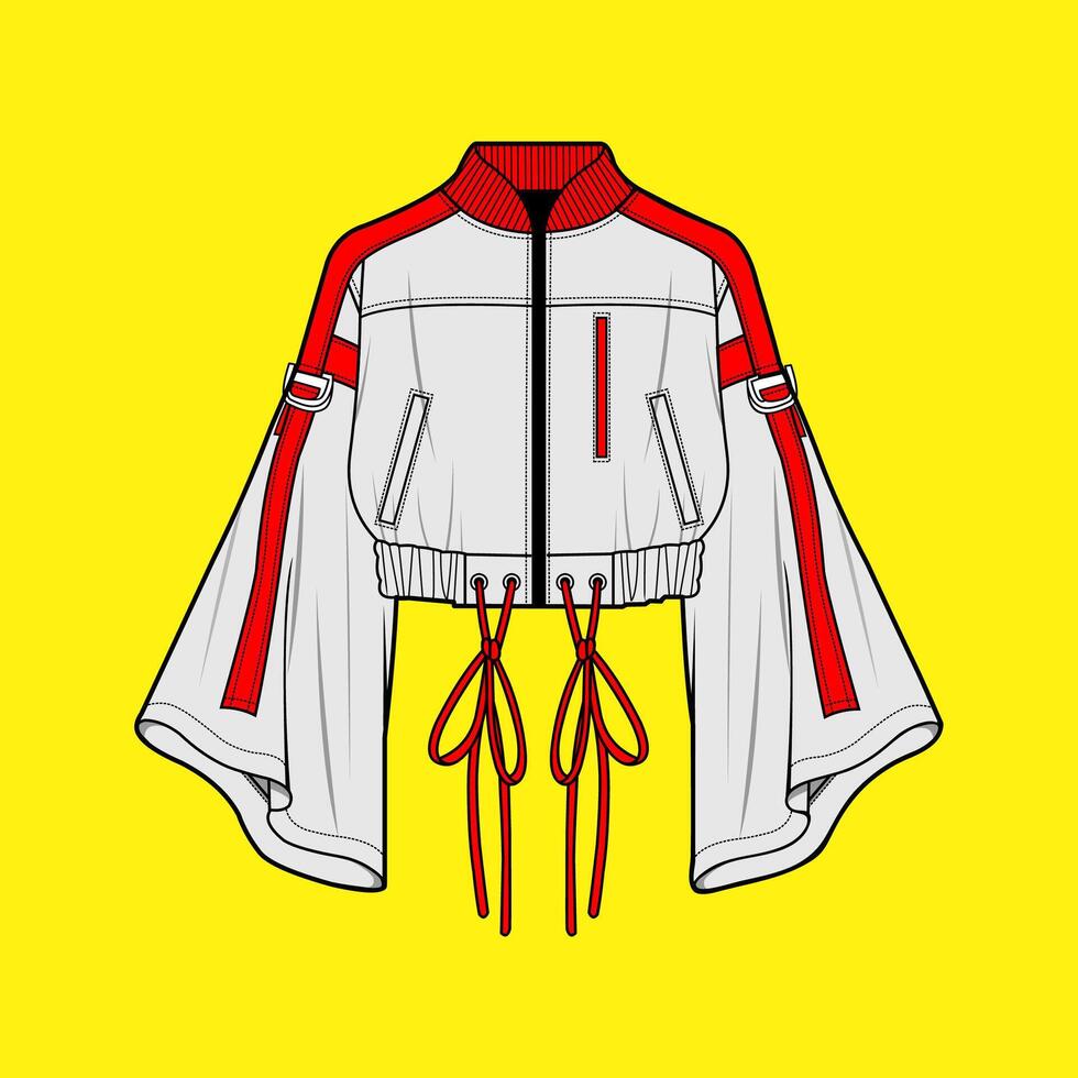 Modern Cropped Jacket Illustration with Flared Sleeves and Red Stripes on Yellow Background vector