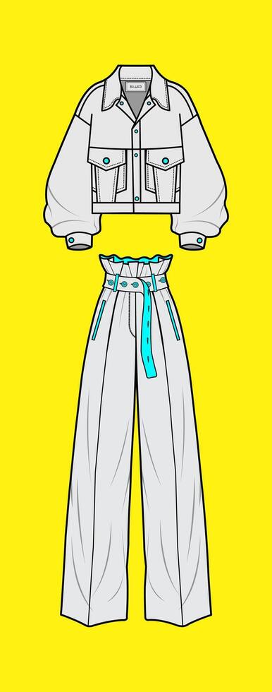 Stylish Cropped Jacket and High Waisted Trousers Fashion vector
