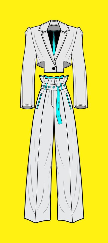Modern Cropped Blazer and High-Waisted Paperbag Pants Fashion Sketch vector
