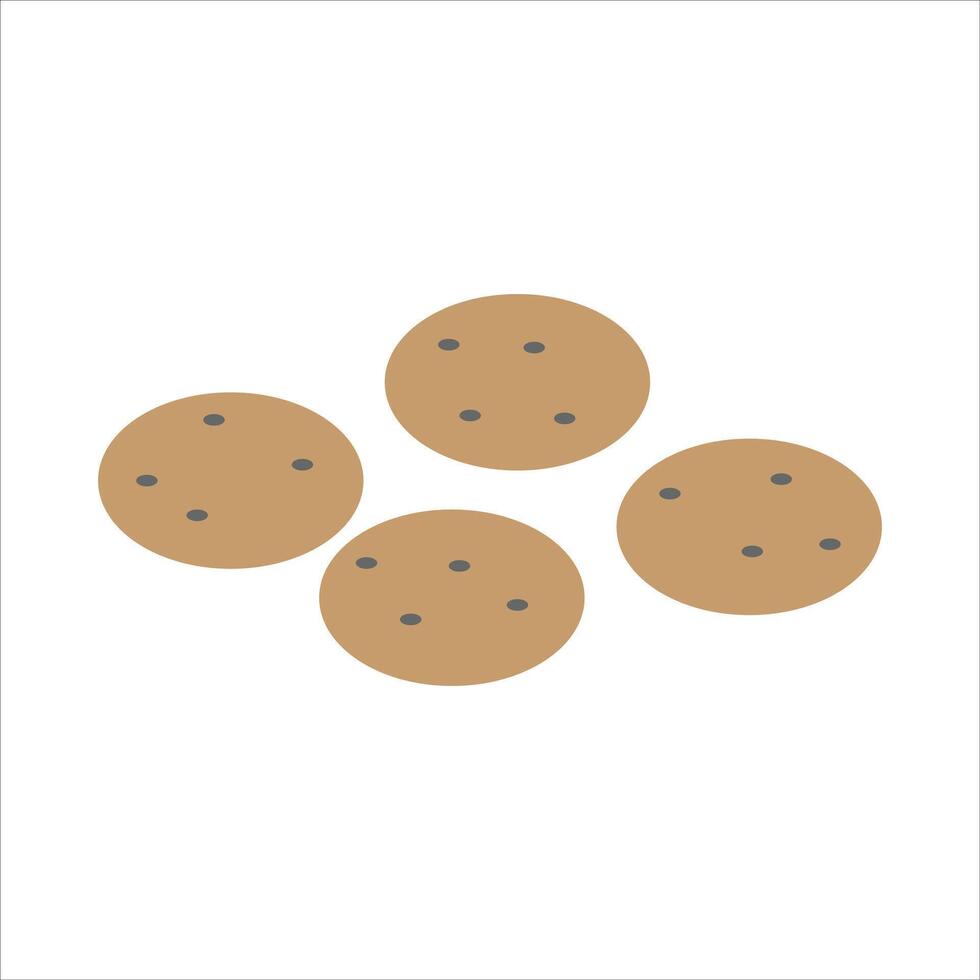 A group of four round brown cookies with chocolate chips in a simple flat style. vector