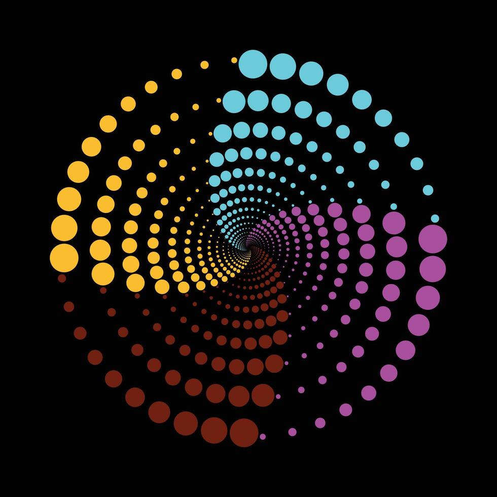 A psychedelic spiral vortex composed of rotating square dots in vivid gradients creating a hypnotic optical illusion and vibrant geometric design vector