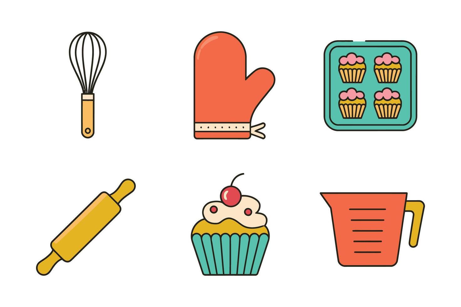 Colorful Baking Essentials Whisk, Rolling Pin, and Cupcake Treats Baking vector