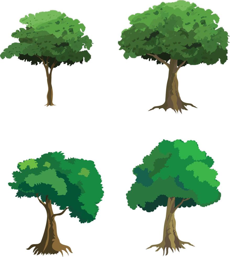Cartoon Tree Set with Four Leafy Green Trees for Animation Background, Forest Game Scene, Educational Nature Illustration, Village Landscape vector