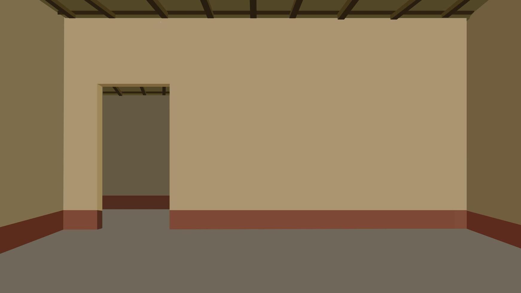 Indian Village Room Interior with Open Door and Window View of Hut and Palm TreesA room with a door and a ceiling vector