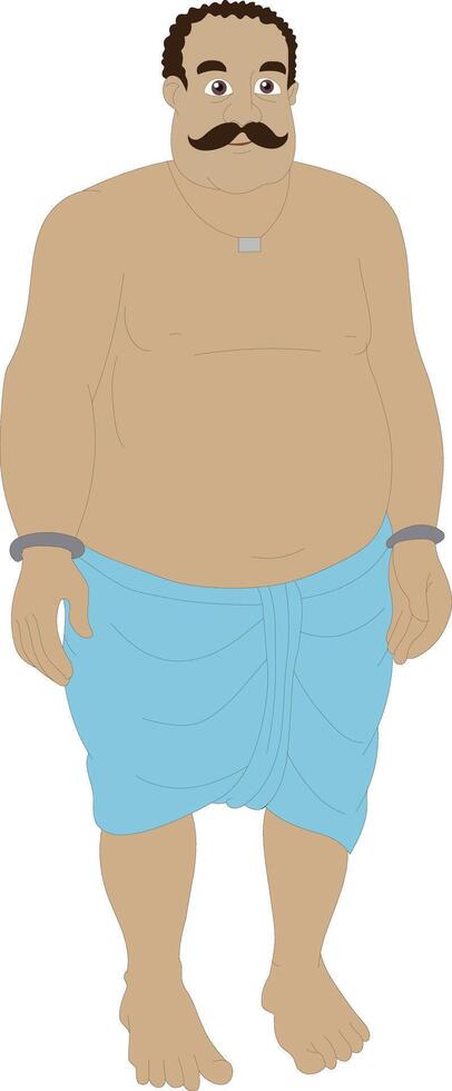 Cartoon Character of Traditional Indian Wrestler Man in Blue Langot with Mustache and Necklace . Desi Strongman Character for Animation Projects, 2D Rigging, Storytelling, and Cultural Games vector