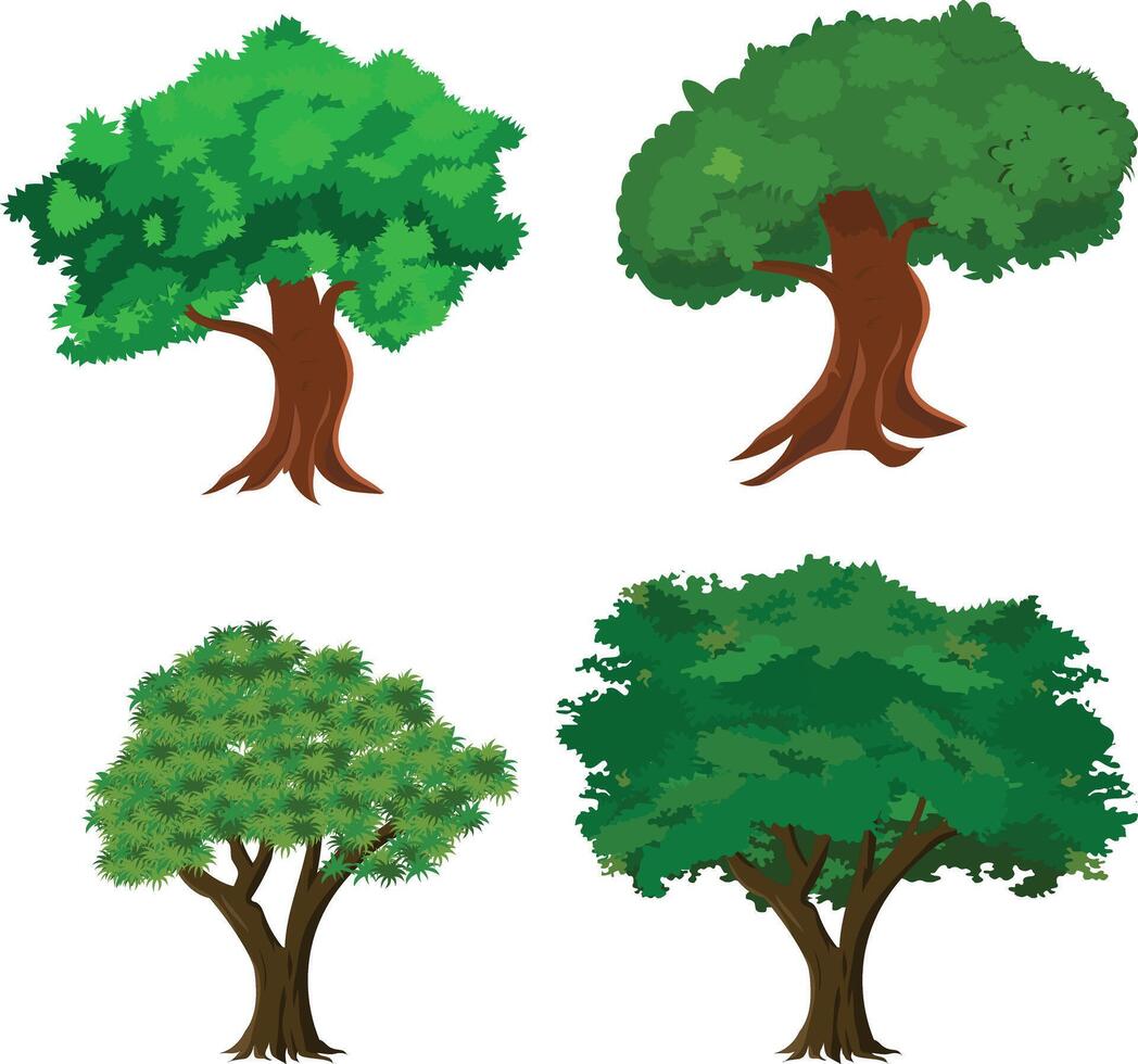 Cartoon Green Tree Set with 4 Different Leafy Trees for Animation Background, Forest or Village Game Scene vector
