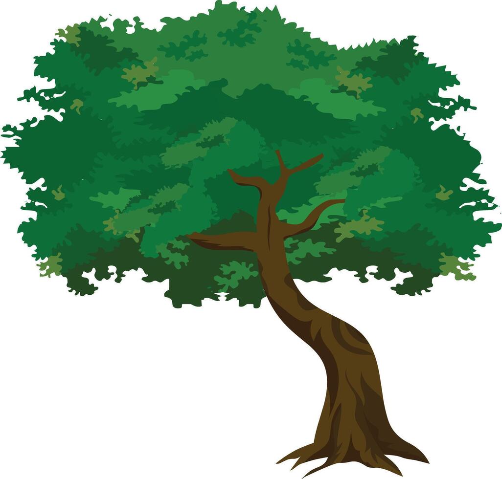 Cartoon Tree with Curved Brown Trunk and Dense Green Foliage for Animation Background, Village Landscape Scene, Jungle Game Asset or Educational Explainer Design vector