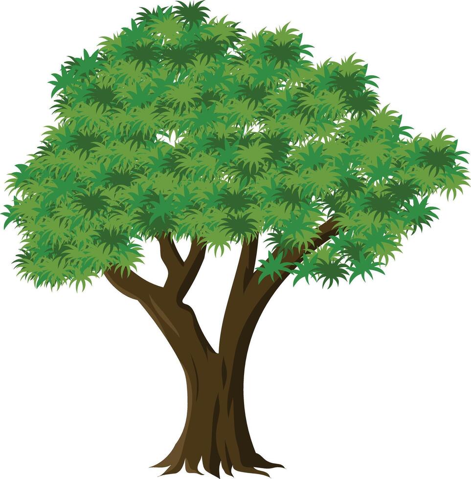 Cartoon Green Tree with Dense Leaves and Dual Brown Trunk for Animation Background, Nature Landscape, Village Scene or Tropical Game Asset Illustration vector