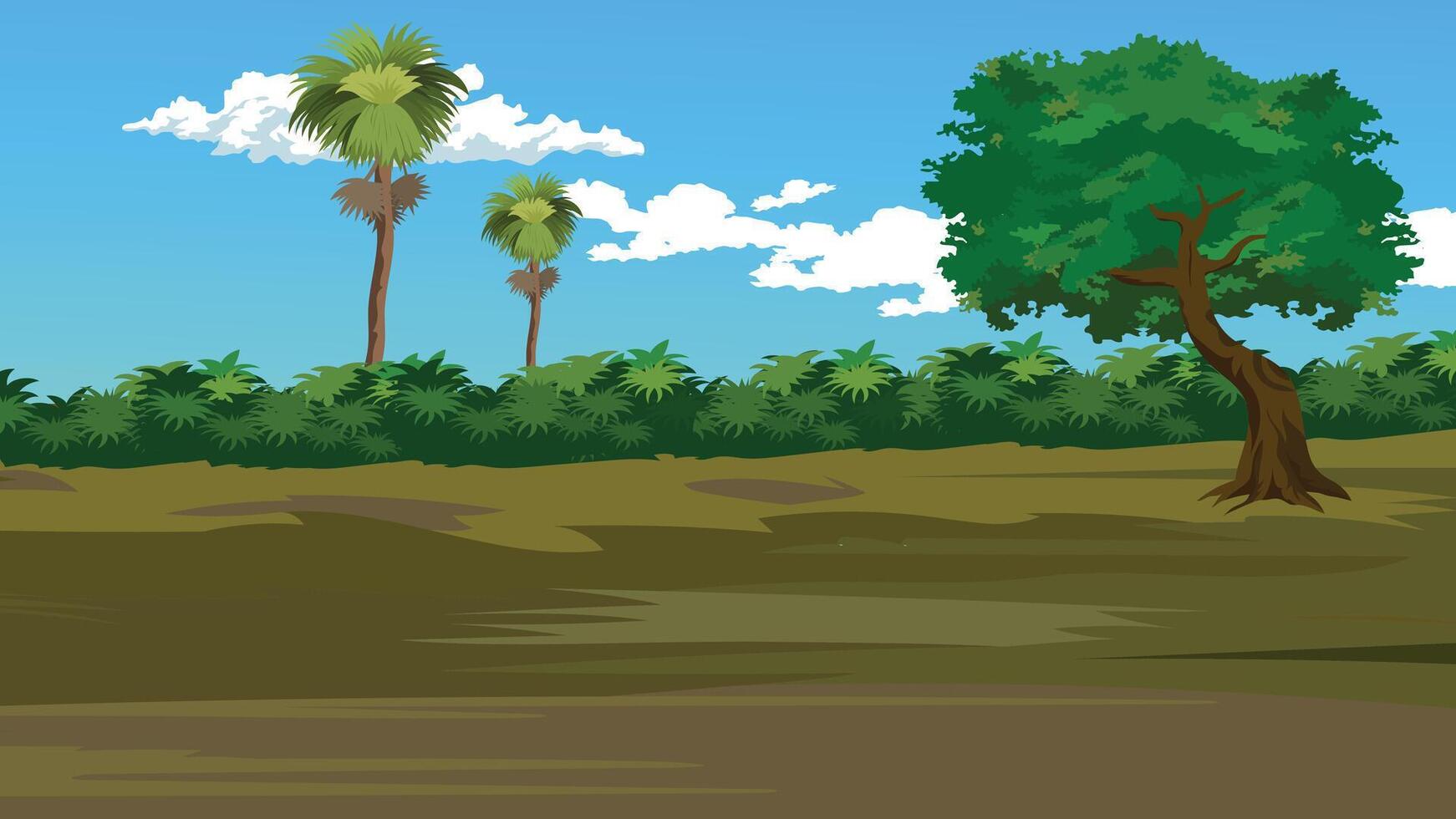 Green landscape with palm trees vector