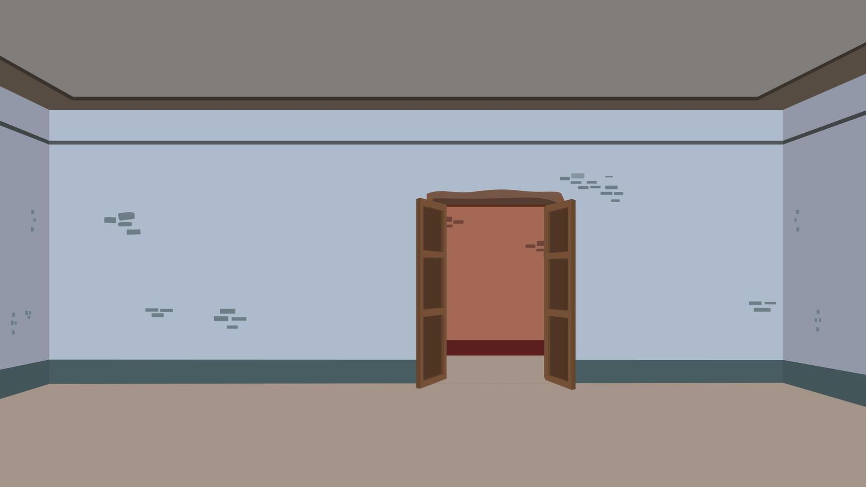 A cartoon room with a door.Empty Indian Village Room Interior with Blue Walls, Open Wooden Door, and Clay Entrance vector