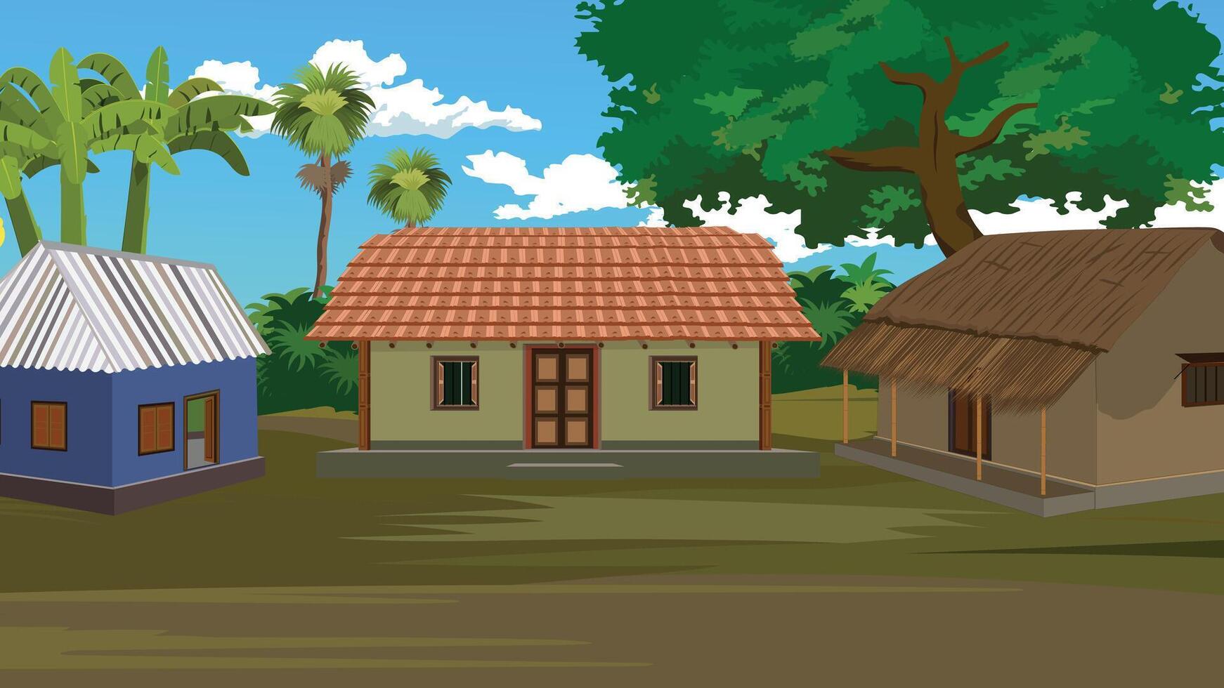 Illustrated houses in a tropical landscape vector