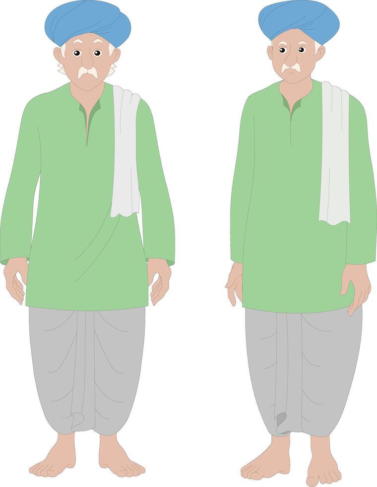 Indian Village Old Man Cartoon Character.Traditional Elder Male Character Front and Side View for Animation, Cultural Farmer Illustration, Rural Senior Avatar for Explainer Videos vector