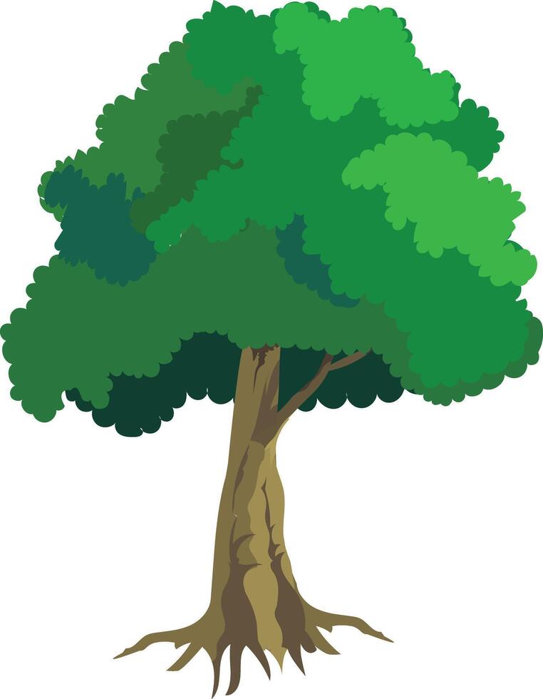 Cartoon Tree with Green Foliage, Thick Trunk and Exposed Roots for Animation Background, Educational Nature Scene, Forest Game Asset Illustration vector