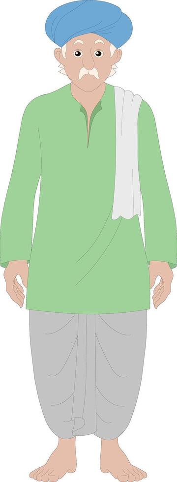 Cartoon Character of Traditional Elderly Indian Villager Front View Wearing Dhoti, Turban, and Kurta. An old man in a green shirt ,dhoti and turban vector