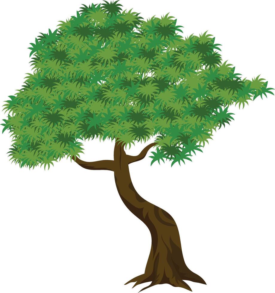 Curved Cartoon Tree Illustration with Twisting Trunk and Leafy Green Crown for Animation Background, Forest Game Environment, Village Nature Scene, Educational or Explainer Projects Design vector