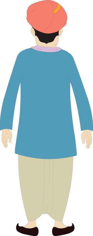 Back View of Desi Man in Cultural Attire for Animation Projects. Folk Style Flat Design Illustration vector