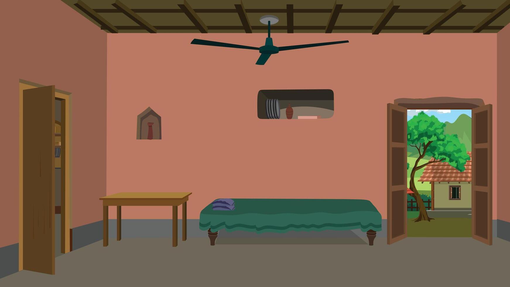 cozy room with a bed and table vector