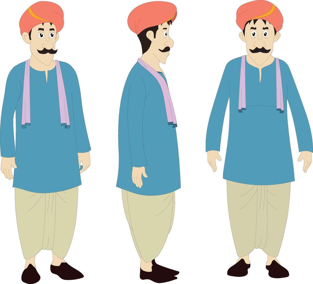 Indian Cartoon Character with Front, Angle, and Side View. Traditional Desi Man character sheet in Turban and Dhoti for Animation Rigging, Explainer Videos, and 2D Game or Cartoon Projects vector