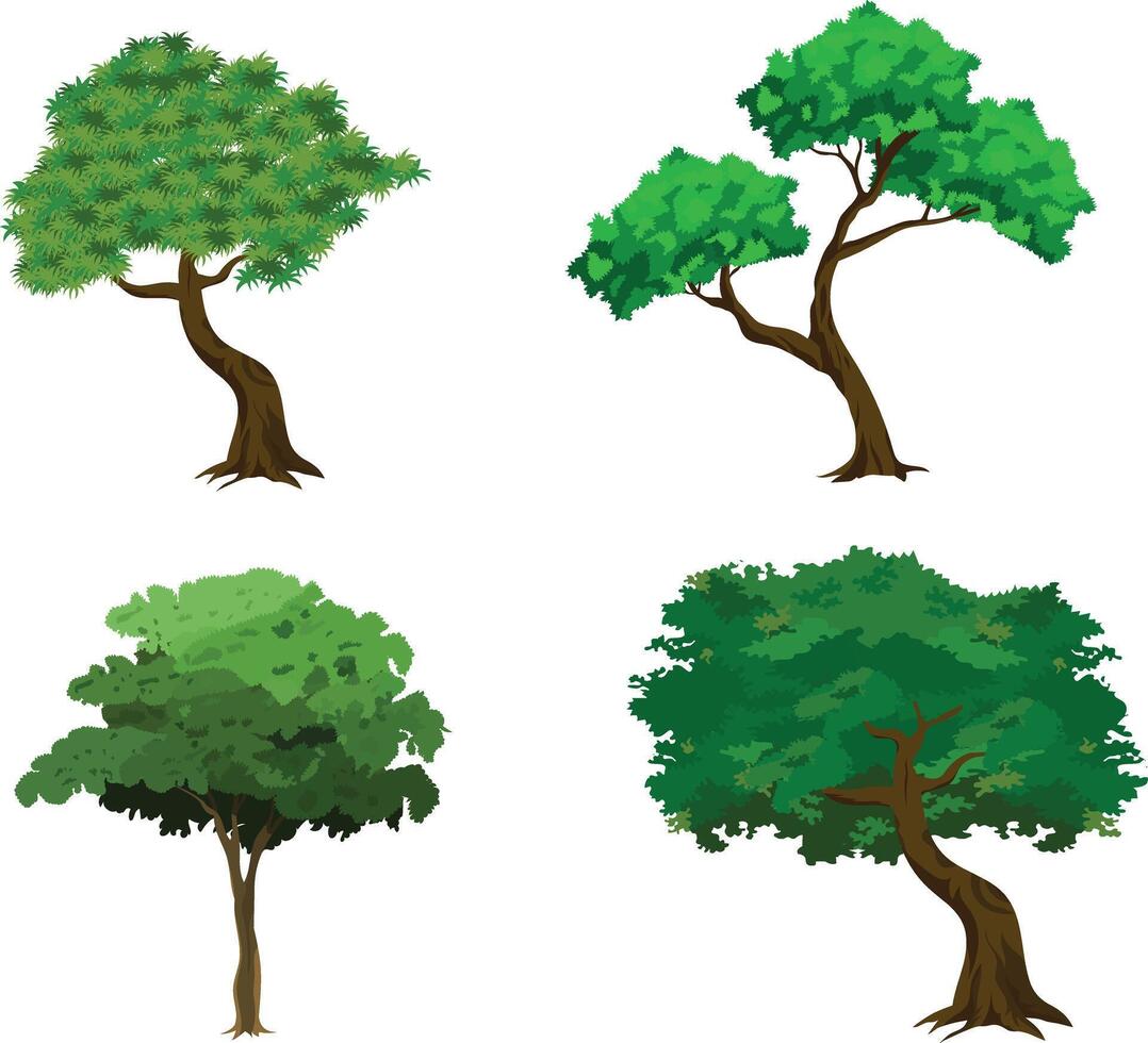 Cartoon Green Tree Set with Multiple Tree Styles and Leafy Tops for 2D Animation Background, Nature Scene, Forest Game Design, or Educational Landscape Elements vector